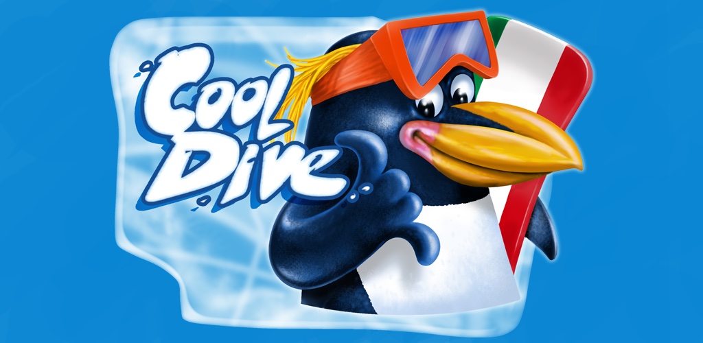 Cool Dive: Pino the penguin, wearing orange goggles and holding a snowboard, gives a thumbs up